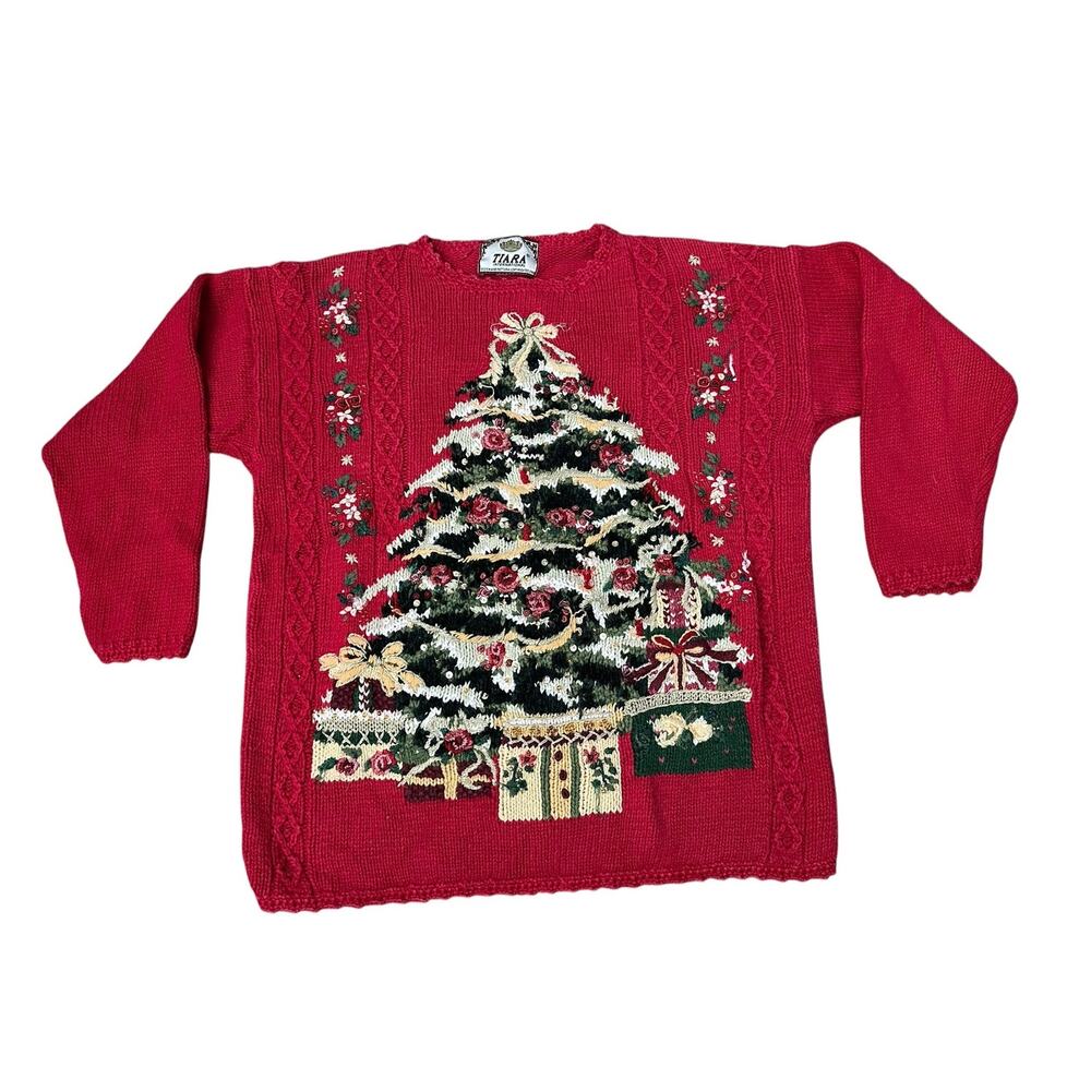Vintage 90s Tiara Christmas Holiday Tree Knit Sweater Large VTG